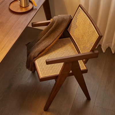 藤编椅子侘寂风实木靠背椅昌迪加尔中古茶椅饭厅餐桌吃饭家用餐椅