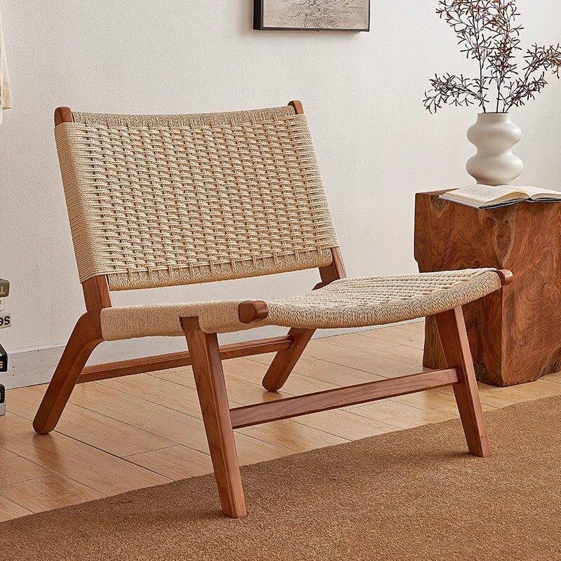 单人沙发椅客厅轻奢高级感实木马鞍编绳中古民宿阳台休闲 懒人椅