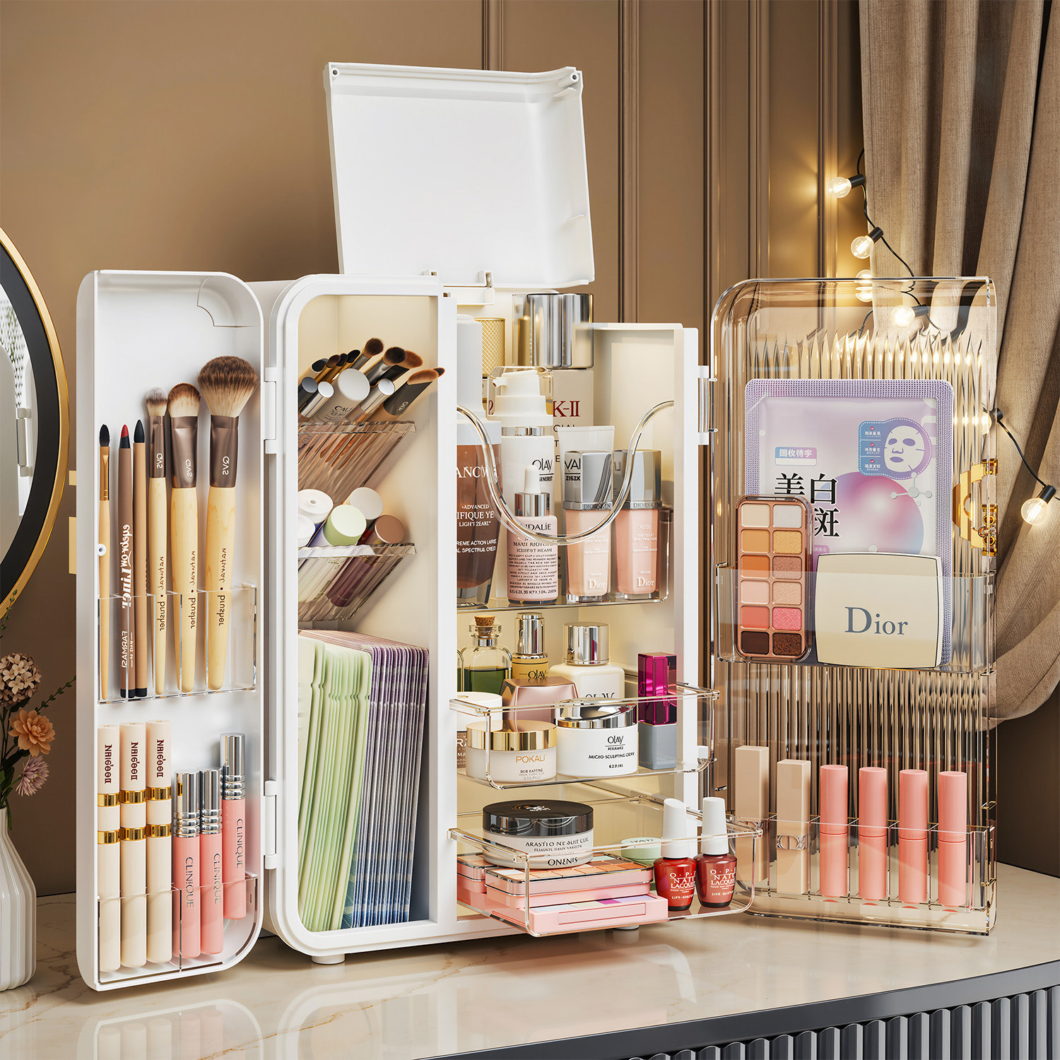 化妆品收纳盒桌面高级感透明带盖抽屉式护肤品梳妆台置物架收纳柜