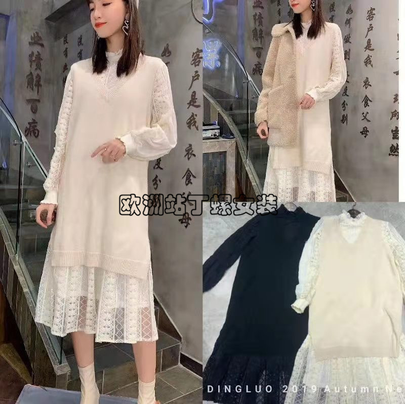 丁螺女装2019冬新款时尚百搭显瘦针织拼接蕾丝两件套连衣裙91899