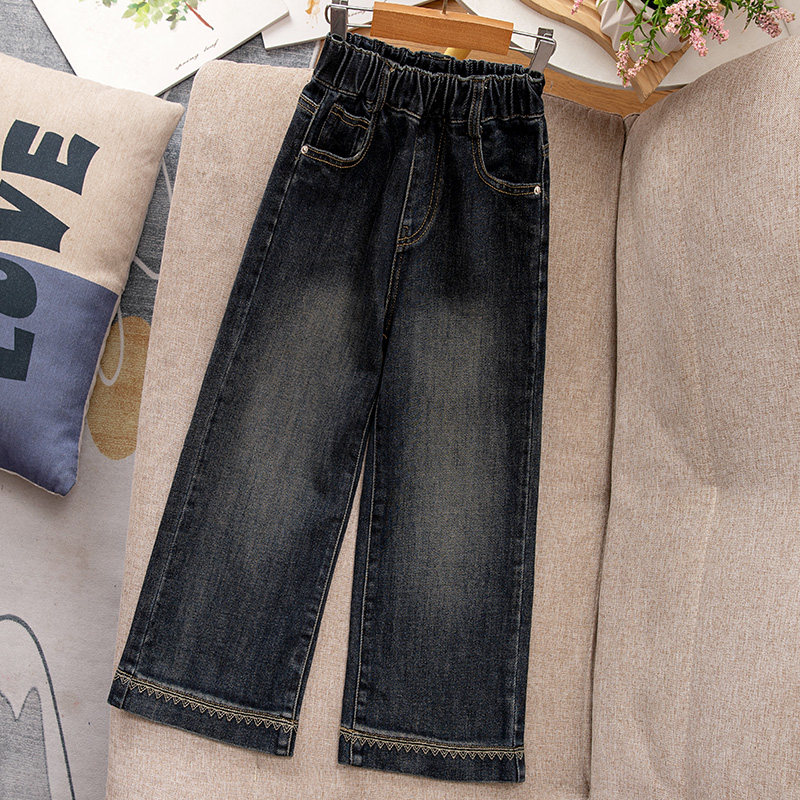 女童牛仔裤秋装2025新款中大童女孩直筒裤春秋儿童阔腿休闲长裤子
