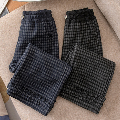 女童裤子秋冬新款儿童休闲直筒裤中大童冬季加绒加厚女孩格子裤
