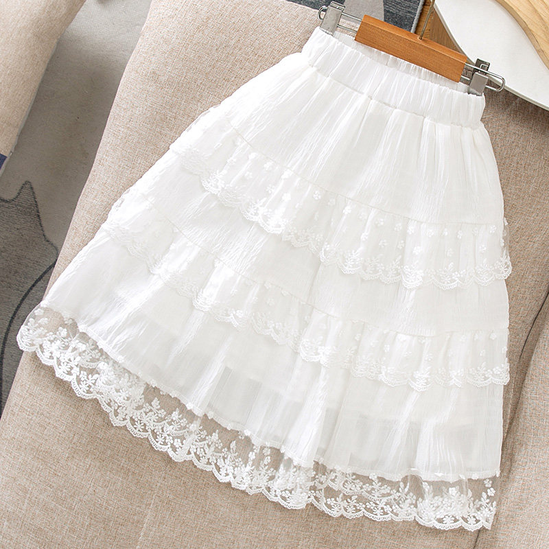 女童半身裙白色中长款儿童蛋糕裙2026春装新款小女孩高腰花边长裙