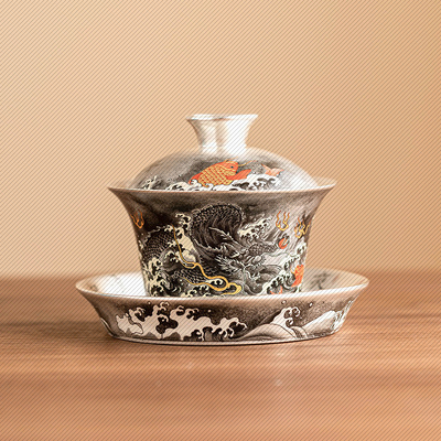 墨龙鎏银三才盖碗高档茶具