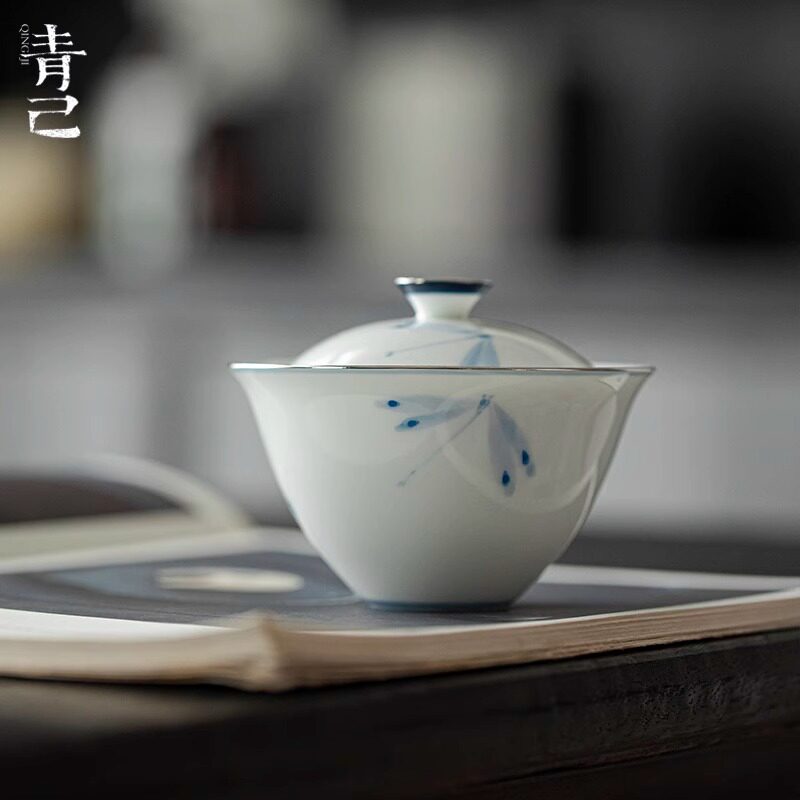国潮新款一品仟堂青己玉瓷手绘陶盖碗