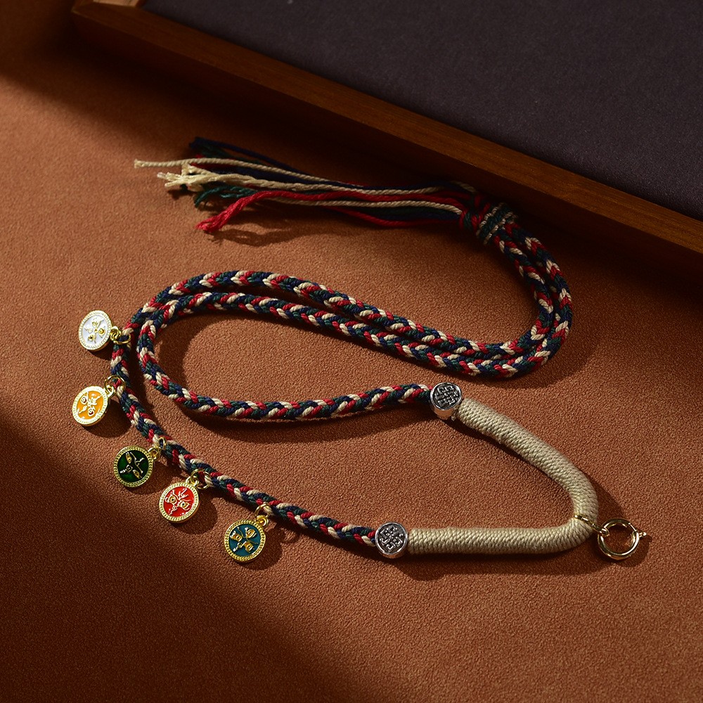 五路财神唐卡挂绳项链绳藏式手工编织黄金翡翠玉石吊坠绳万能卡扣