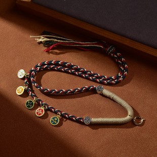 五路财神唐卡挂绳项链绳藏式手工编织黄金翡翠玉石吊坠绳万能卡扣