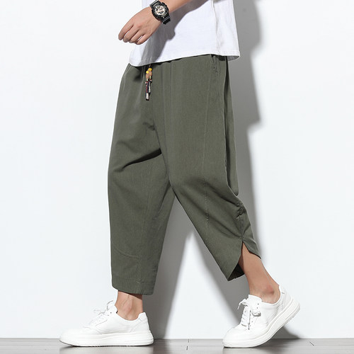 亚麻九分裤男夏季中国风薄款冰丝
