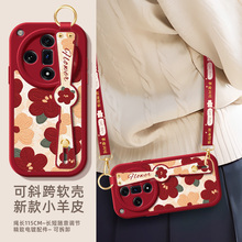 油画红花适用oppofindx6pro新款手机壳女款软硅胶findx7ultra小羊皮卡通可爱findx5斜挎腕带x3全包防摔夏天