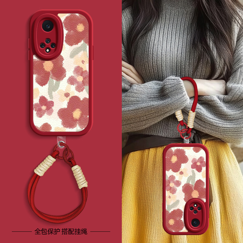 红色小花适用华为nova9pro手机壳nova8小羊皮nove7/6/5/4新款8se活力版5z夏天斜挎挂绳novo5ipro女款5i网红5T