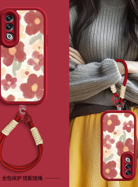 红色小花适用OPPOK12手机壳k11/k11x小羊皮k10pro新款k10x夏天斜挎挂绳k7女款k12硅胶oppok11可背oppo网红k10