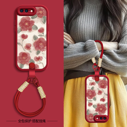 红玫瑰花适用苹果11ProMax手机壳iphoneX套7/8plus新款x/xr新春新年挂绳iphone11pro可背6splus女款xsmax