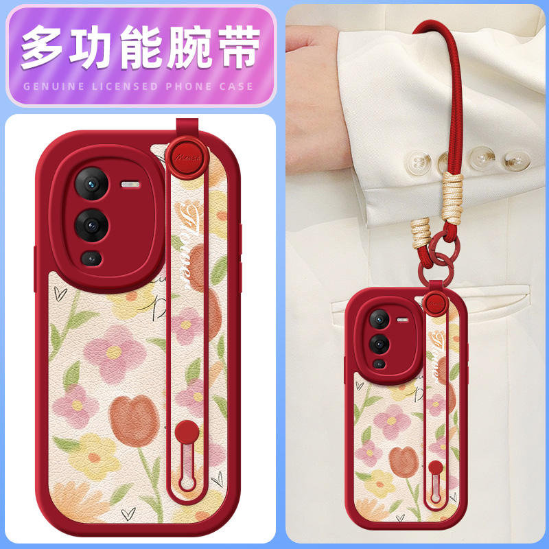 红郁金香适用vivos16手机壳s15pro小羊皮s12/10/9/7新款s1/s7t/9e/15e/16e腕带斜挎挂绳可背vivo女款网红硅胶
