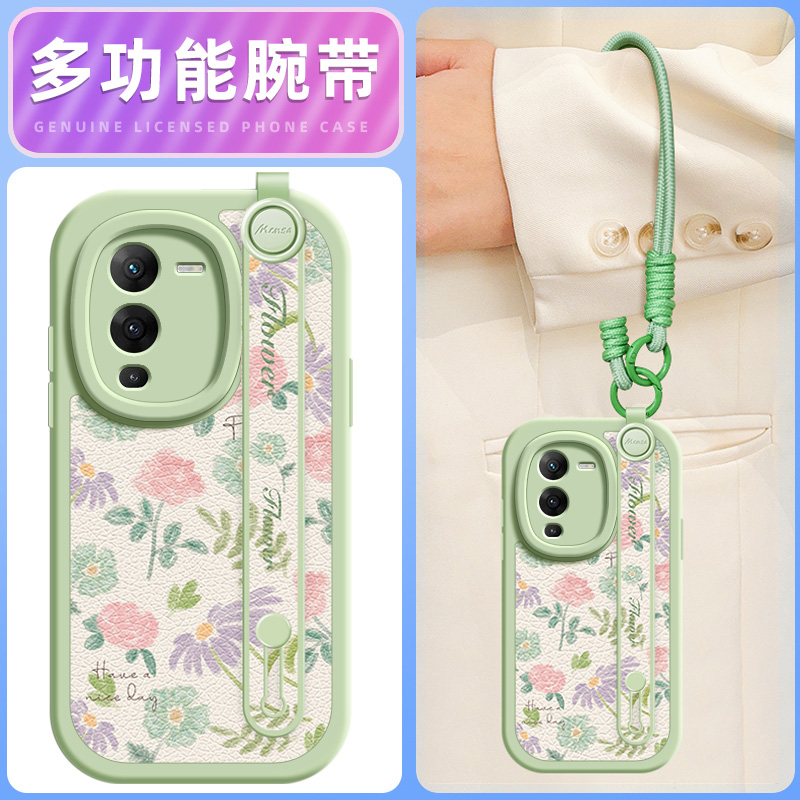 清新花朵适用vivos16手机壳s15pro保护套s12/10/9/7新款s1/s7t/9e/15e/16e腕带斜挎挂绳可背vivo女款网红硅胶