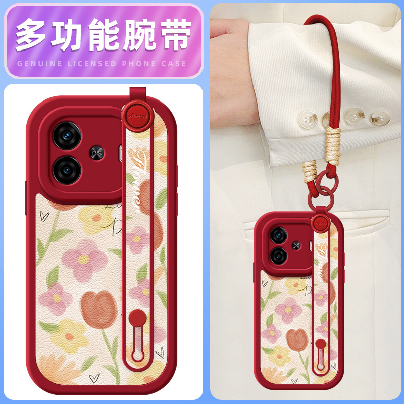 红郁金香适用iqooz10turbo+手机壳vivoiqooz9小羊皮iqoo z8/z8x/z7/z7i/z6/z5/z5x新款iqoou3/u1腕带挂绳