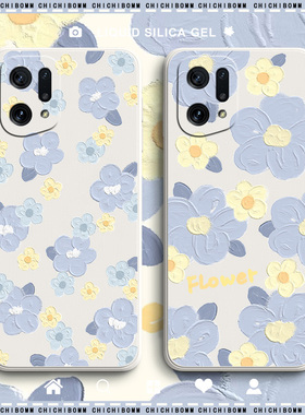 蓝色花朵oppofindx3手机壳全包findx3pro防摔液态硅胶findx5软可爱创意findx5pro油画卡通个性创意超薄情侣