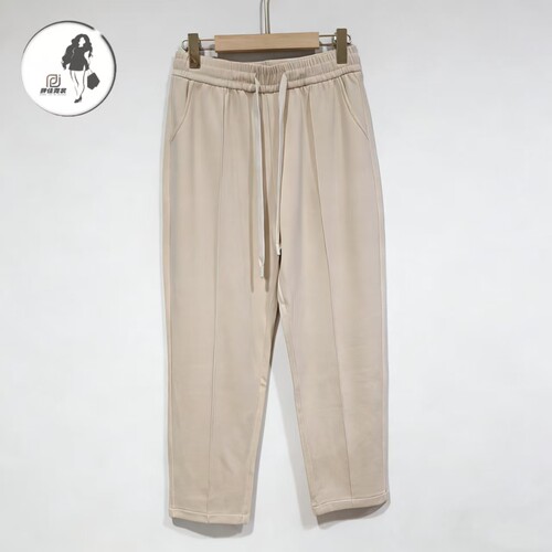 春秋大码200斤弹力休闲直筒女宽松松紧腰抽绳长裤卡其色