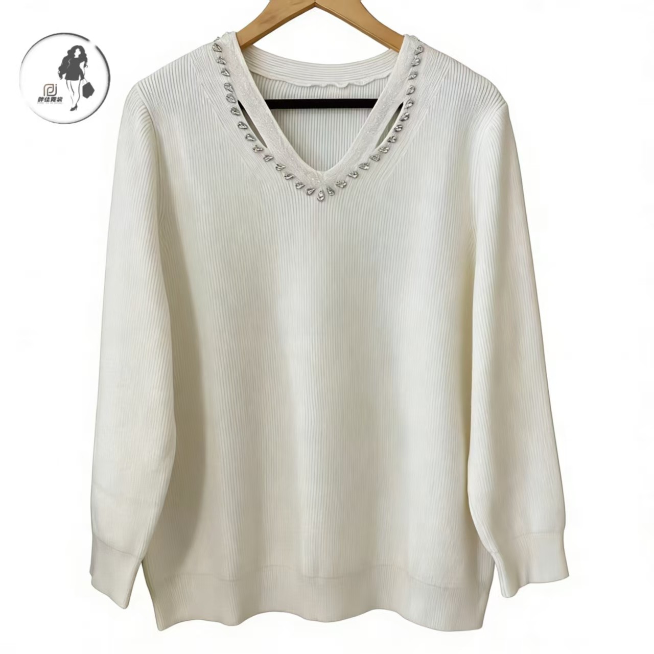 6051气质V领珍珠装饰镂空设计针织衫女大码胖MM200斤显瘦毛衣,女装/女士精品,大码内搭,淘宝优惠券,粉丝福利购,淘宝优惠卷