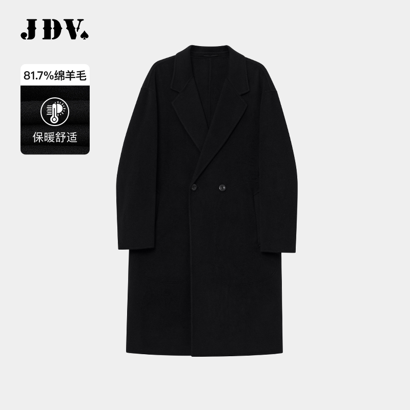 JDV商场同款黑色翻领绵羊毛大衣