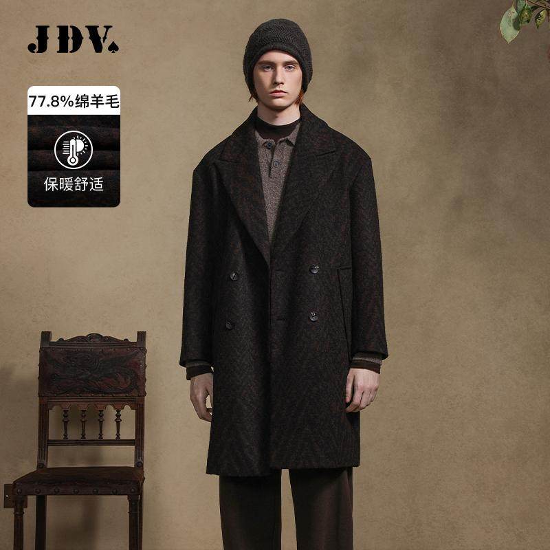 JDV商场同款秋冬新款黑色翻领双排扣羊毛大衣长款外套WCO4512