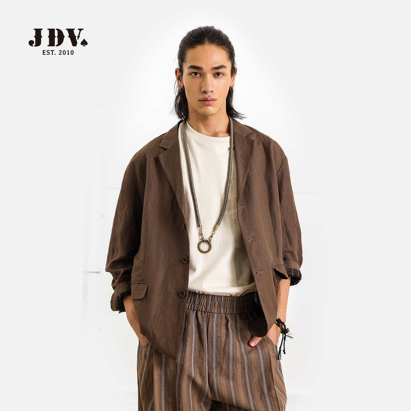 JDV商场同款男棕色亚麻混纺西装