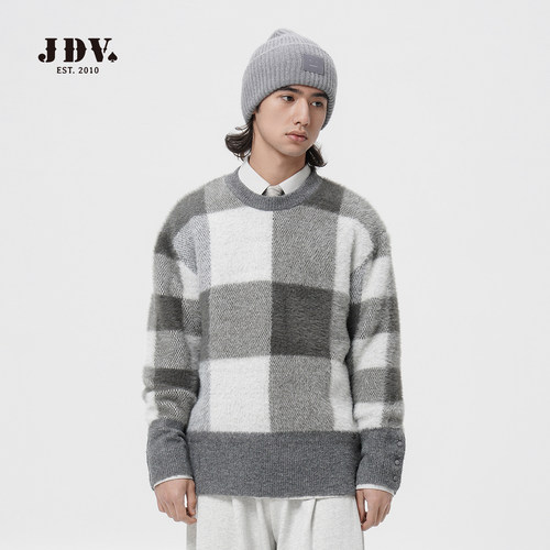 JDV商场同款灰色格纹圆领针织衫
