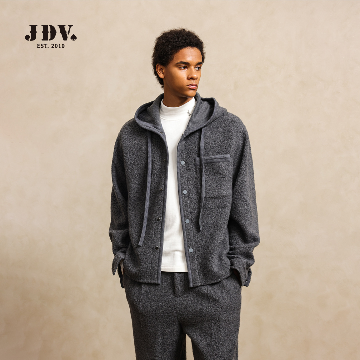 JDV商场同款复古连帽夹克2025秋冬新款宽松休闲保暖绒感外套