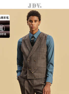 JDV男装春秋新品商场同款棕色格纹男士马甲双排扣坎肩SFV4003