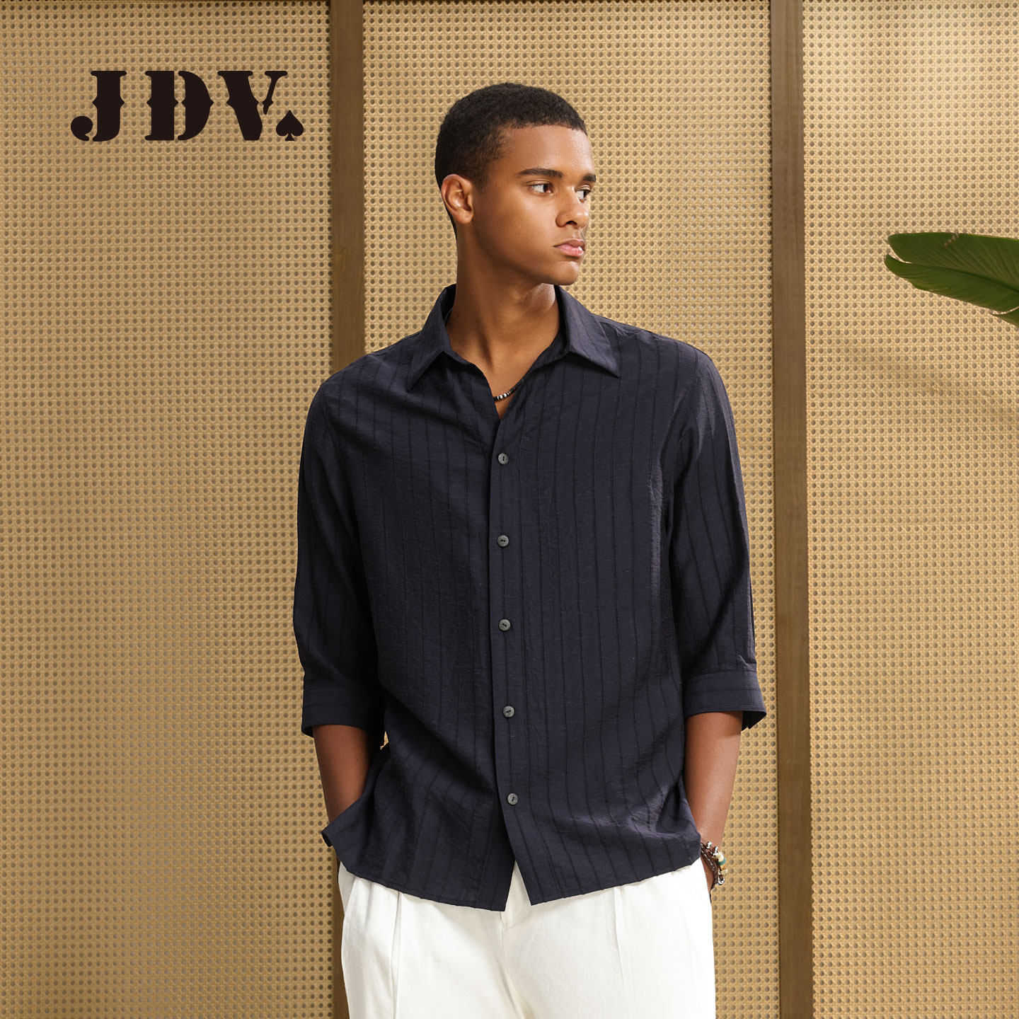 JDV商场同款提花竖条纹衬衫2026春季新品复古中袖上衣男SIHA125