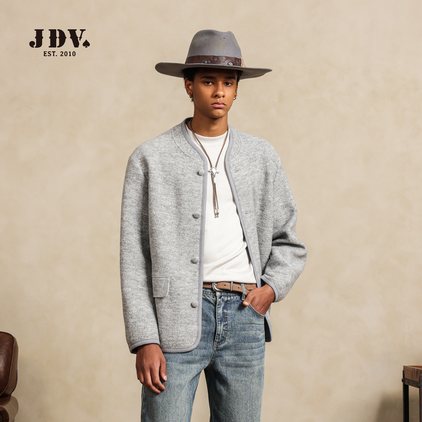 JDV2025秋季新款圆领廓形百搭羊毛毛呢休闲简约夹克外套