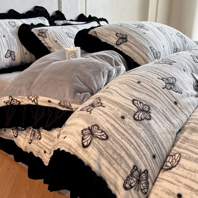 2025新款新款法式烂花牛奶绒绒四件套花边被套宿舍床单三件套床品