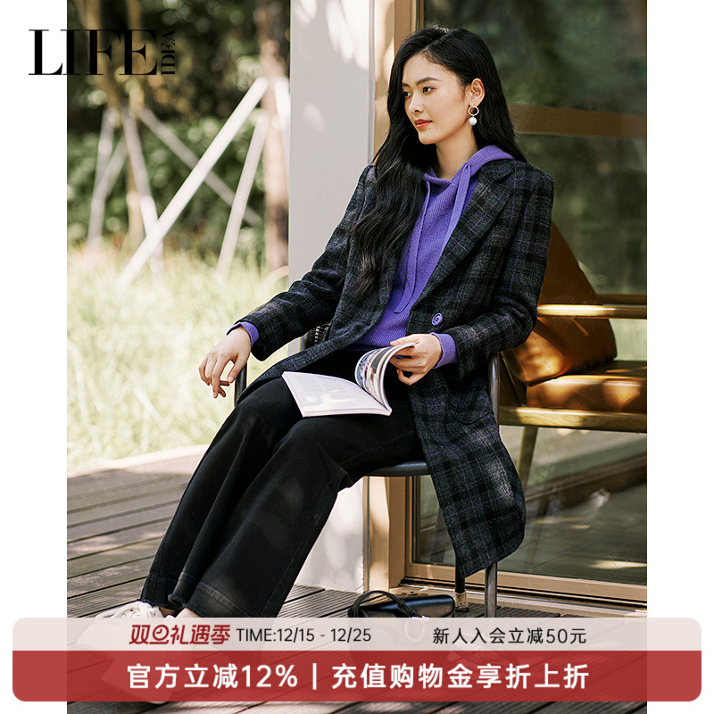 LIFE·IDEA羊毛大衣2025年冬季新款中长款格纹毛呢大衣外套
