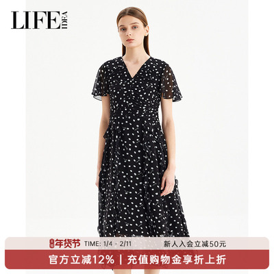 莱芙艾迪儿短袖拼接薄纱连衣裙