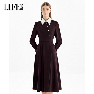 LIFE·IDEA撞色领收腰连衣裙长袖 A字裙摆显瘦通勤百搭气质裙装