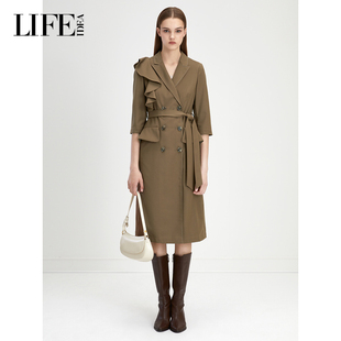 连衣裙女 荷叶边拼接设计双排扣显瘦风衣式 LIFE·IDEA秋季 新款