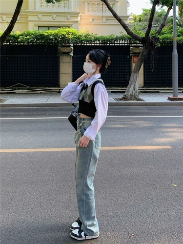 Короткий свитер, осенний жилет, трикотажная рубашка, комплект