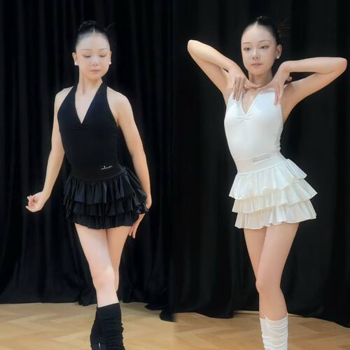 Level女童拉丁舞练功服夏季新款挂脖吊带蛋糕裙少儿舞蹈考级演出