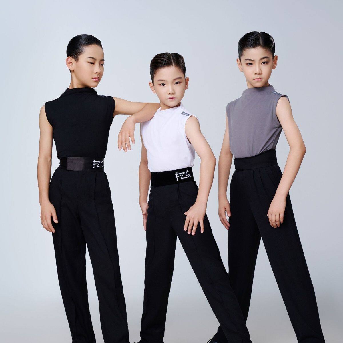 2026新款FZS舞服少儿拉丁舞男生高领无袖上衣帅气练习服男童跳舞