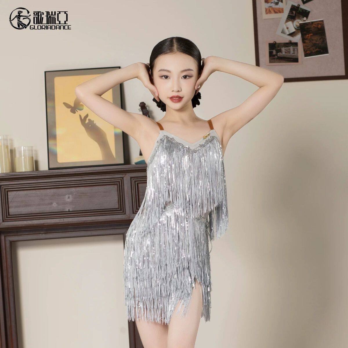 歌瑞亚拉丁舞服女儿童新款春夏吊带流苏连衣裙套装高级表演练功服