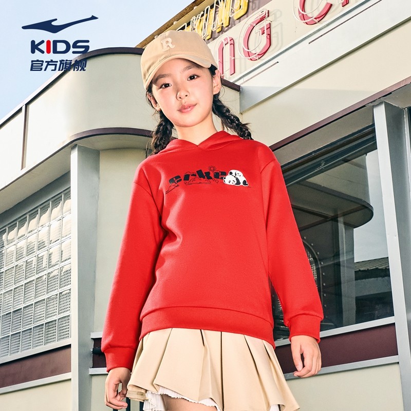 鸿星尔克童装女童新年红色本命年卫衣儿童连帽加绒2026秋冬圣诞