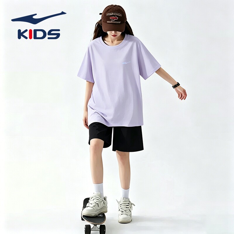 鸿星尔克女童装儿童学生运动套装夏薄款大童透气速干短袖短裤女孩