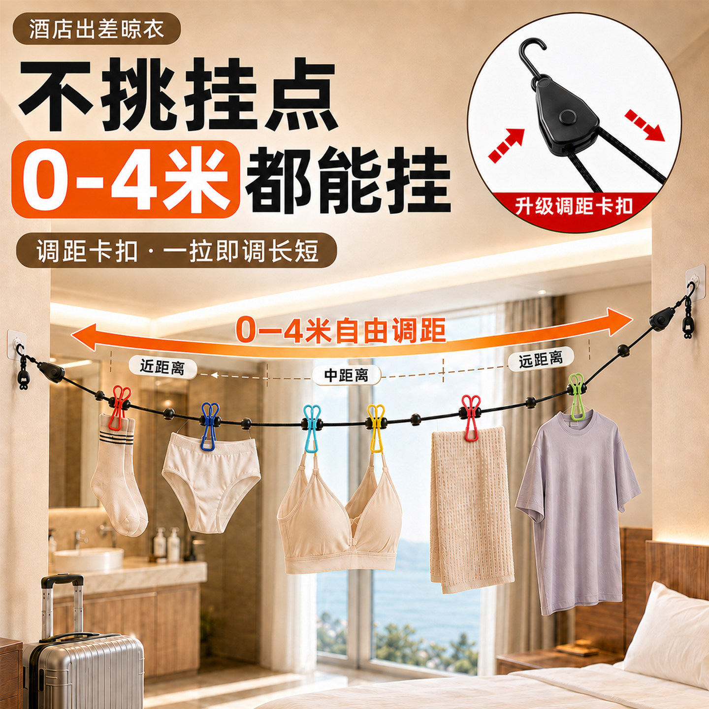 【可调节绳长】4m晾衣绳自带夹子图片