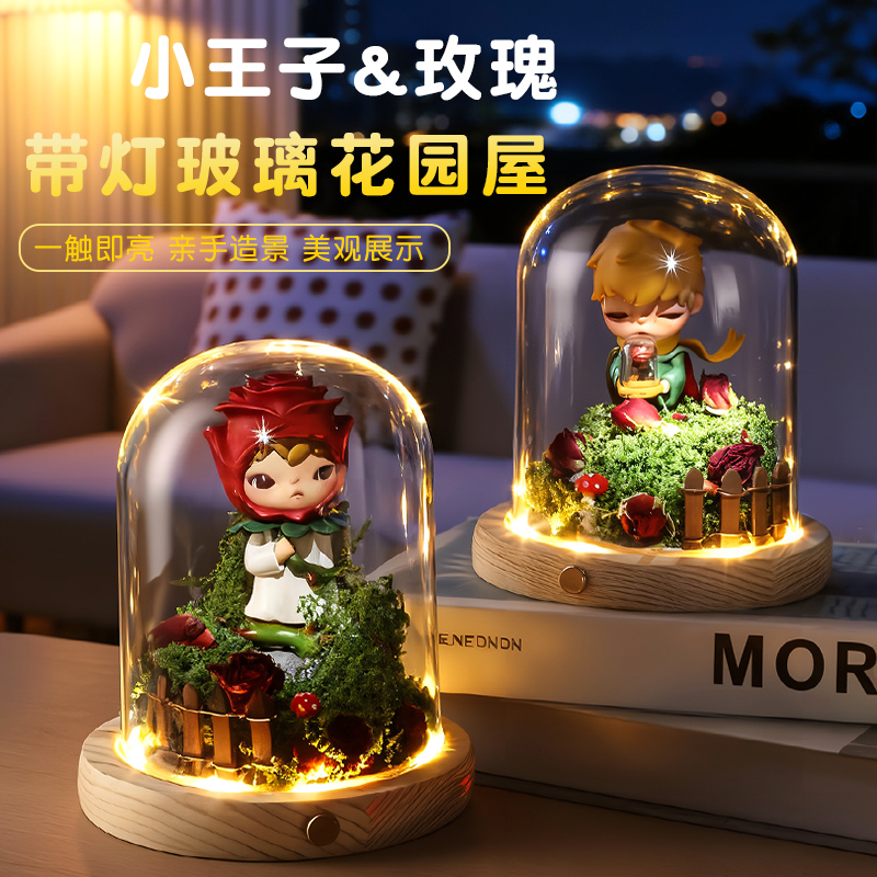 小王子小野玫瑰手办摆件盲盒收纳展示架泡泡玛特展示盒防尘罩透明