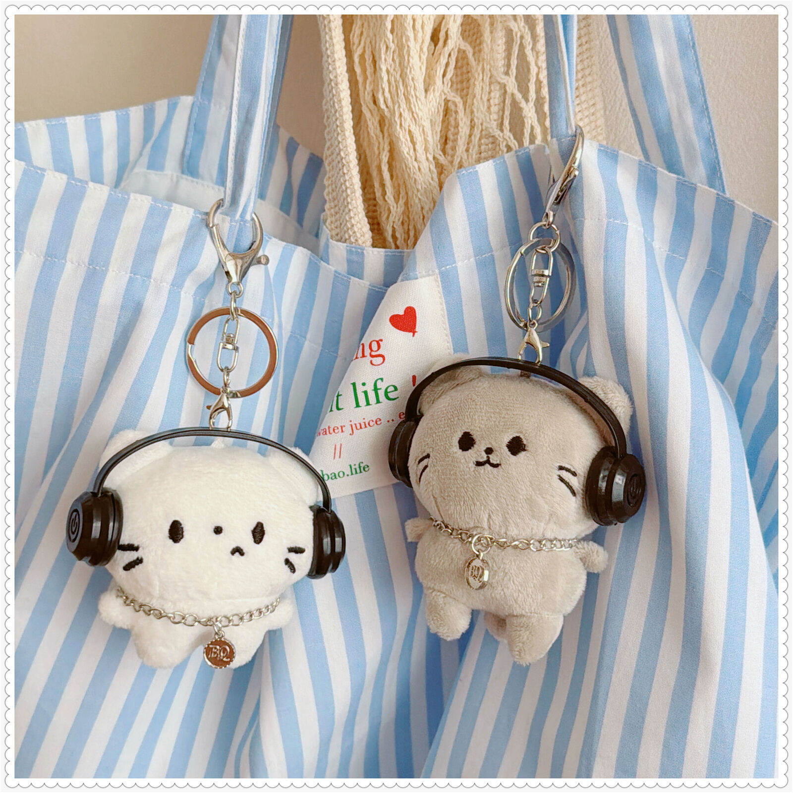 卡通创意nis可爱长尾小猫耳机毛绒公仔玩偶书包挂饰情侣朋友礼物