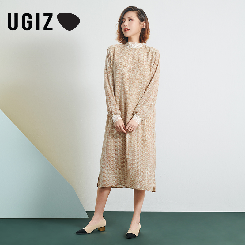 UGIZ春秋季新品韩版女装休闲中长款立领蕾丝碎花连衣裙女UAOD113