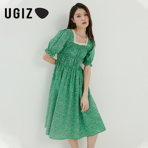 UGIZ夏季新品韩版女装休闲显瘦方领蕾丝印花连衣裙女UBOE817