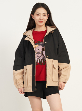 UGIZ商场同款24年春新品韩版休闲撞色拼接连帽风衣外套女UAFH108