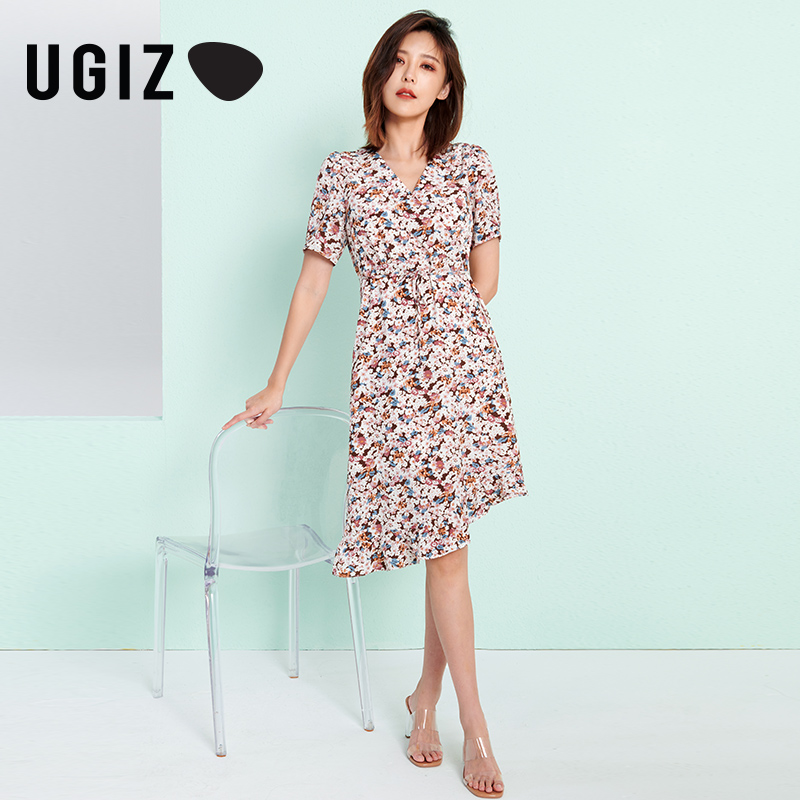 UGIZ夏季新品韩版女装中款碎花裙子显瘦不规则连衣裙女UBOD518-封面