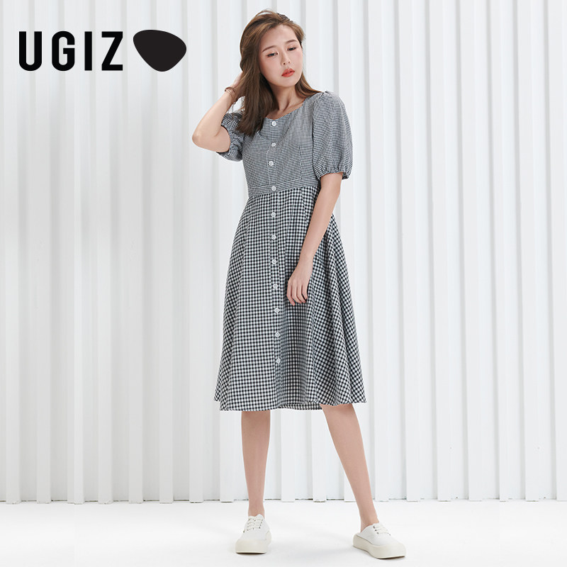 UGIZ韩版女装修身方领格子连衣裙