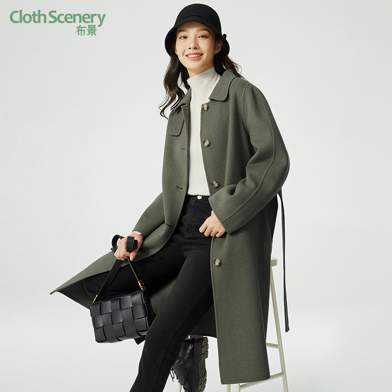 布景羊毛大衣女中长款冬季新品简约通勤收腰系带毛呢外套1500